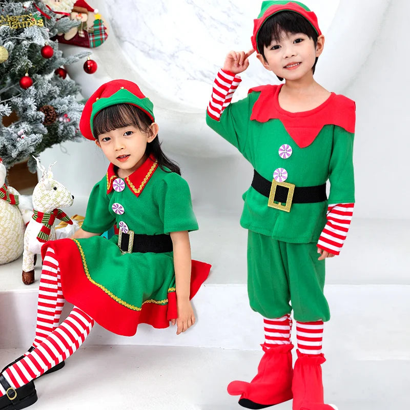 Max Christmas Santa Claus Costume Green Elf Cosplay Family Carnival Party New Year Fancy Dress Clothes Set For  Girls Boys