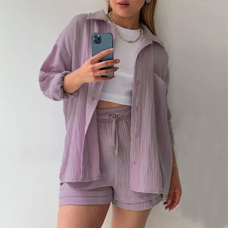 Maxy Summer Women's Suit Short Sets Outfits Muslin Suit For Women Two Piece Female Clothing Solid Button Outfits