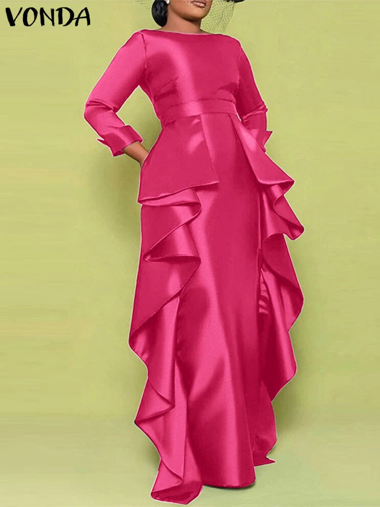 Maxy Plus Size 5XL Bohemian Long Dress Women Elegant Satin Dress Ruffle Sundress Casual Solid Color Robe