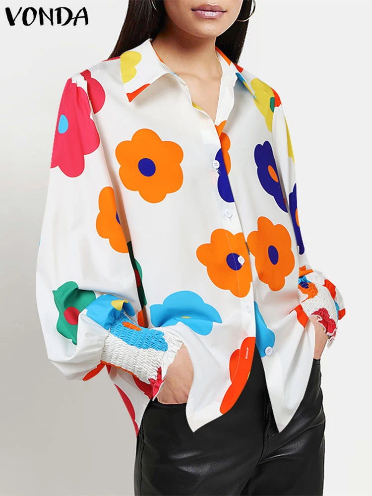 Maxy Plus Size 5XL Casual Floral Printing Loose Tops Women Shirts Lapel Collar Blouses Top Lantern Long Sleeve Tunic