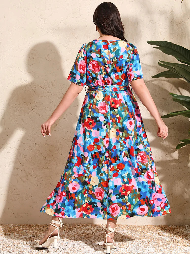 Maxy Plus Size Boho Print Vacation Maxy Dress Women Summer V Neck Short Sleeve Beach Split A-Line Dresses With Belt