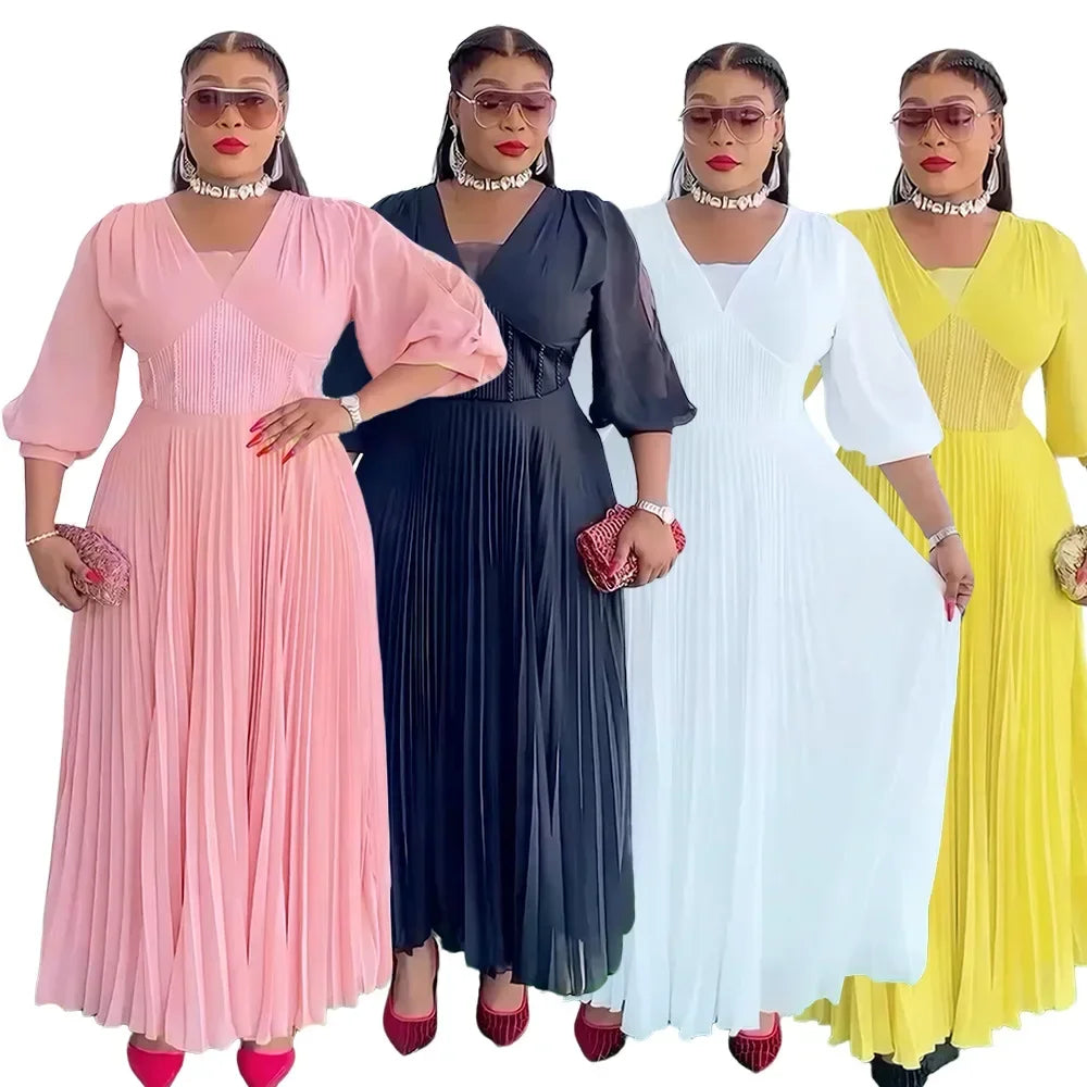 Aelegant African Dresses for Women Chiffon Pleated Long Evening Party Dress Wedding Gown Ankara Dashiki Africa Clothing Robe New