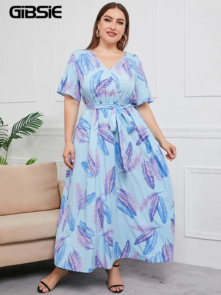 Gacy Plus Size V Neck Floral Print Boho Dress Women Summer Short Sleeve Maxy Dresses Holiday A-line Female Belted Dress