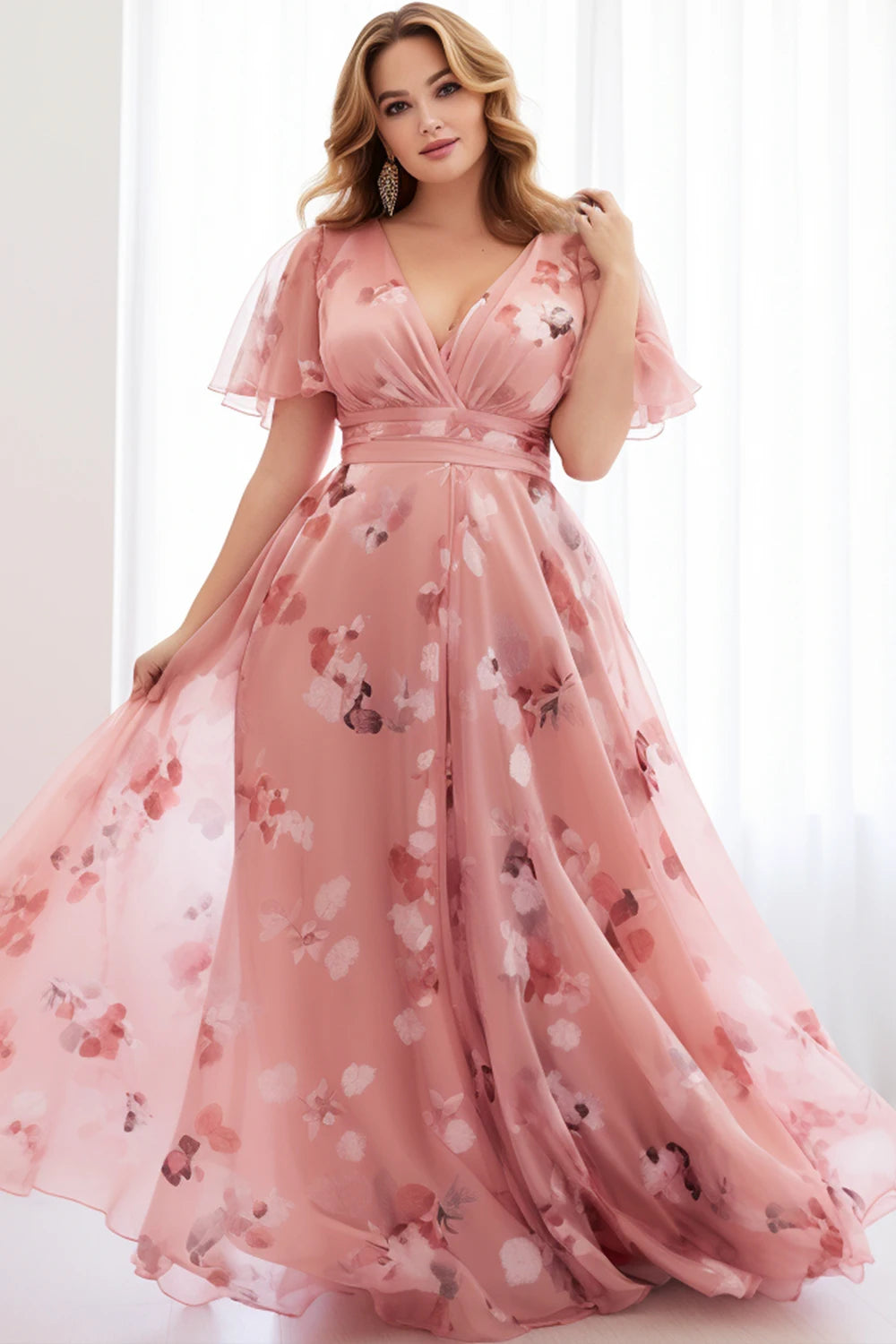 Maxy Fly curvy Plus Size Everyday Peach Pink Floral Flutter Sleeve Wrap Empire Waist Chiffon Dress