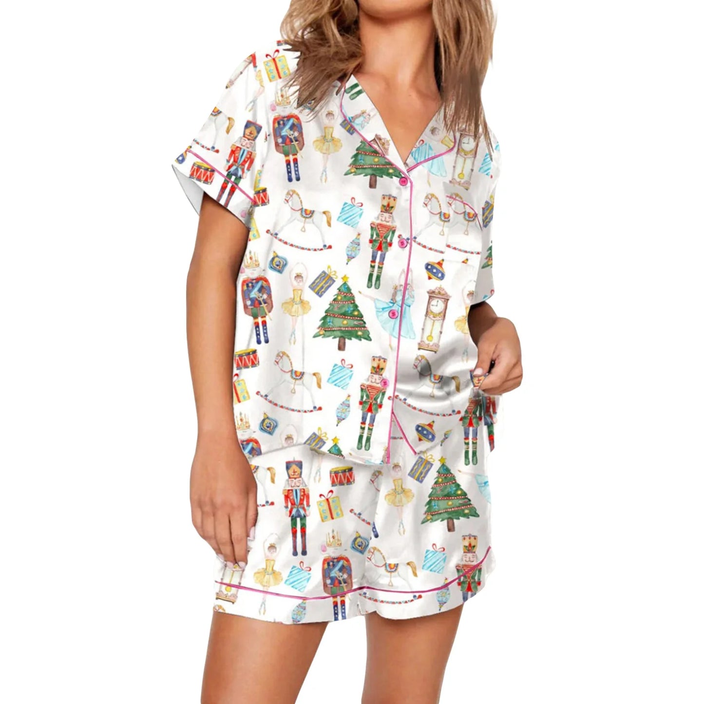 Women s Christmas Pajama Set Lapel Neck Short Sleeve Tops Elastic Waist Shorts Santa Claus Avatar Print Sleepwear Outfits