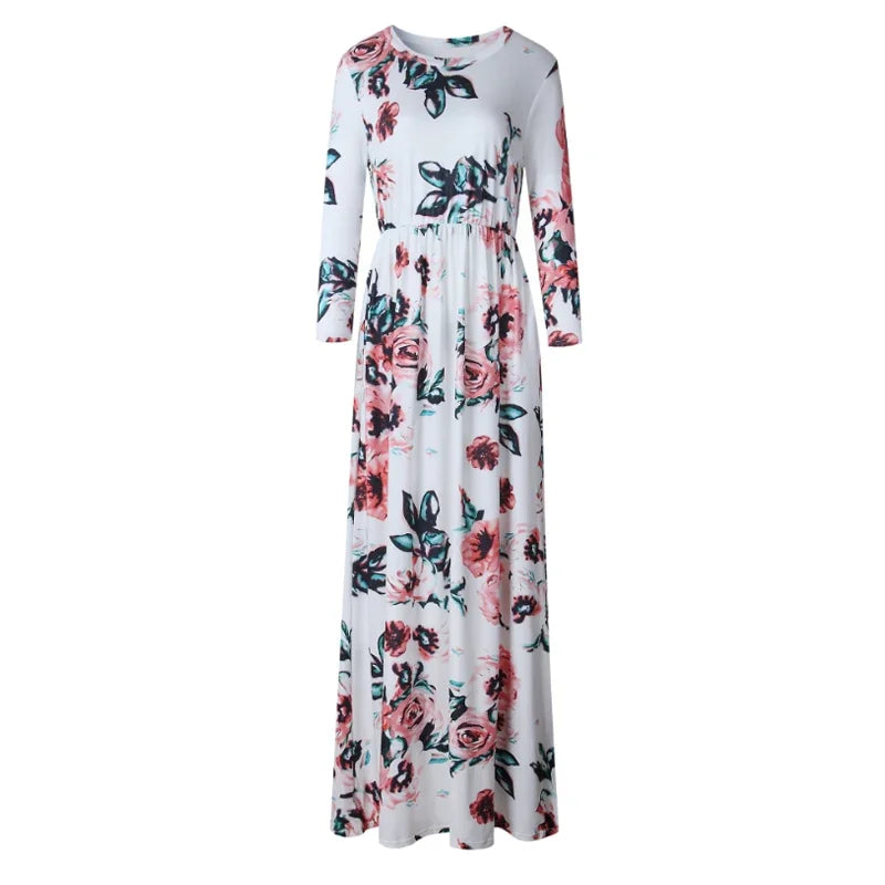 Maxy Women Summer Long Dress Floral Print Boho Beach Dress Ladies White Maxi Evening Party Dress Sundress