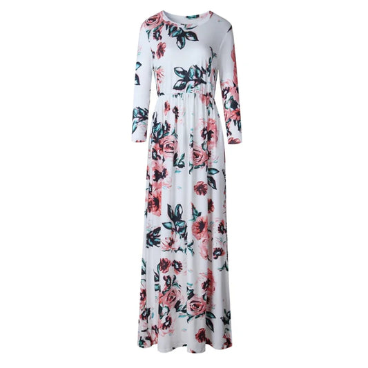 Maxy Women Summer Long Dress Floral Print Boho Beach Dress Ladies White Maxi Evening Party Dress Sundress