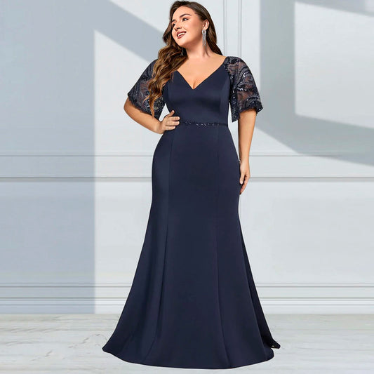 Amay Satin Spliced Lace Elegant Plus Size Women Dress Mesh Short Sleeve Summer Female Maxi Dress V-Neck Evening Long Dresses