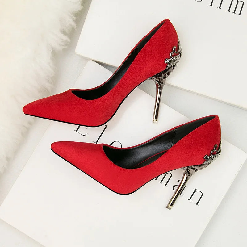 Amay new Women Carved Metal Heels Wedding Elegant Women Pumps Red Gold Solid Flock/PU Shallow Pointy Toe Dress High Heel Shoes Woman Autumn
