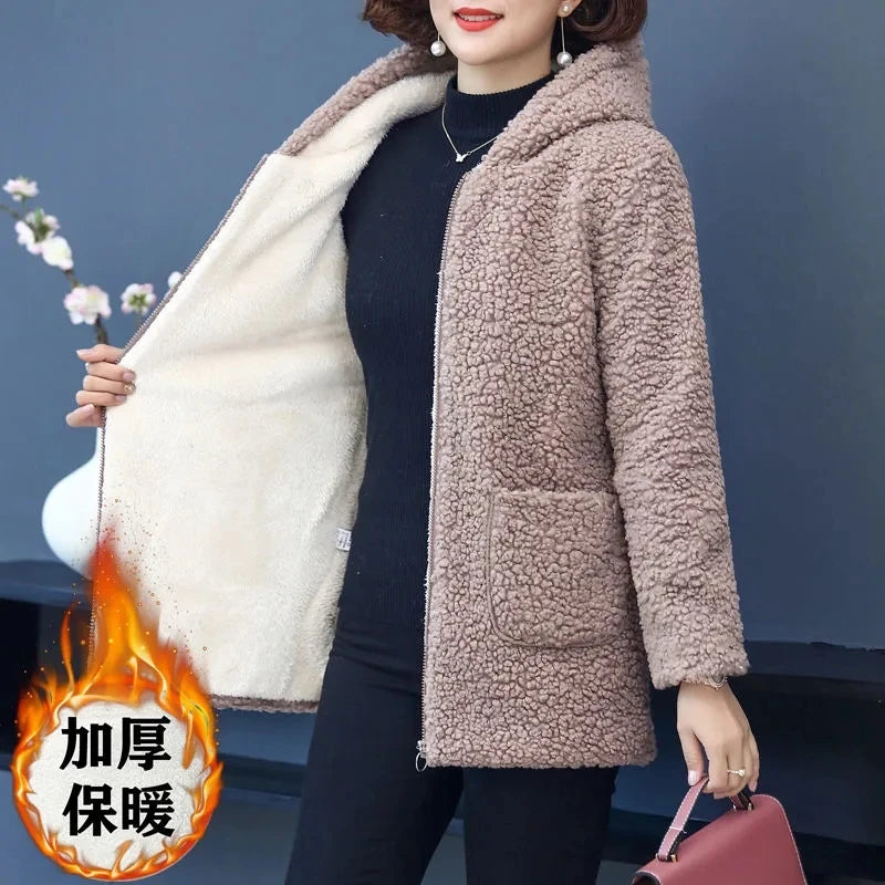 Maxy Mother Winter Coat Hooded Middle-Aged Women's Clothing Velvet Thick Polar Fleece Wool Jacket Cotton-Padded Jacket Women Elegant