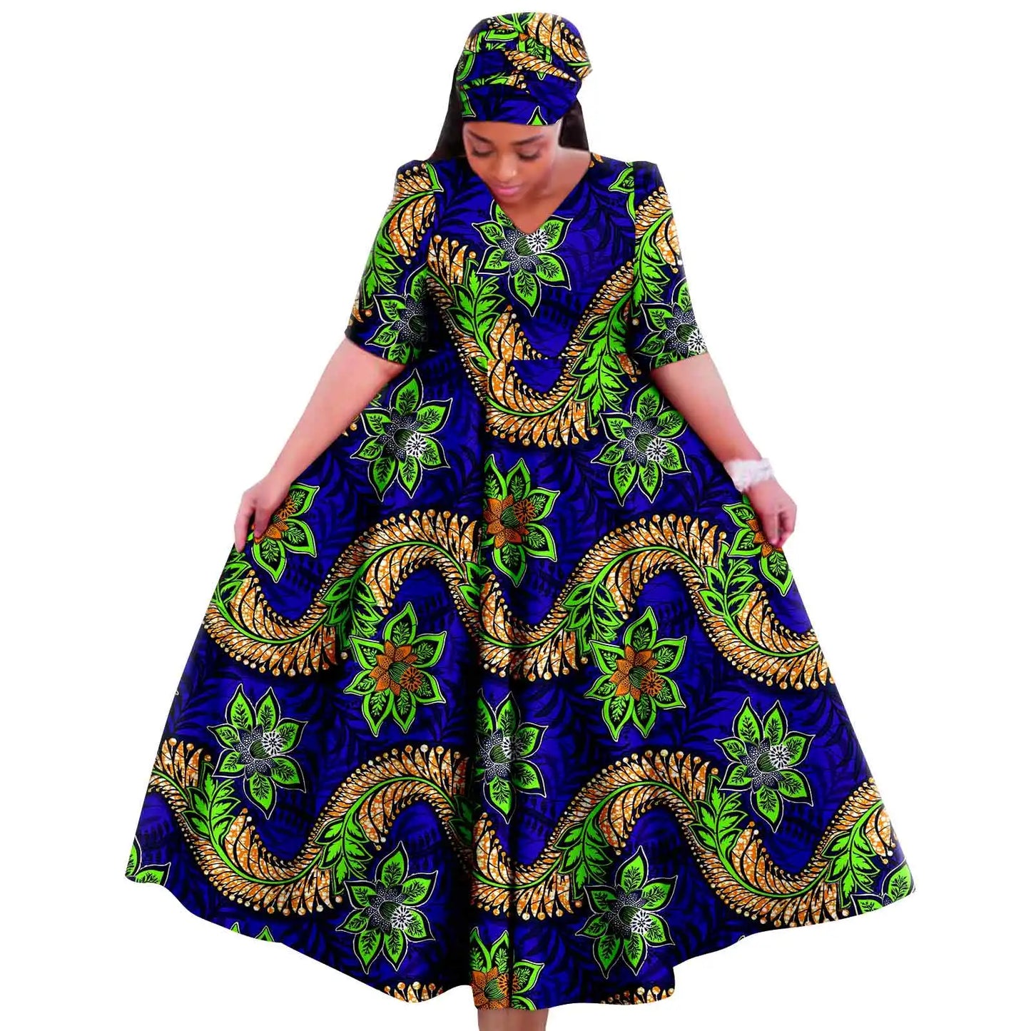 Maxy Church Dresses for Woman Traditional Party Gown V Neck Maxy Dress with Free Turban Wedding Africa Turkey Style 2425083