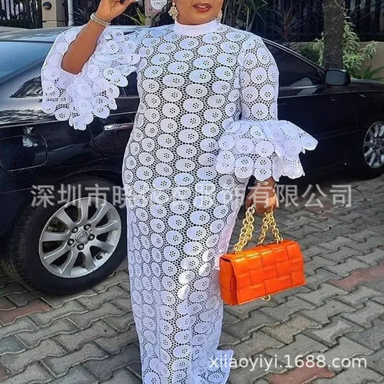 Maxy Flare Sleeve Women Dress Stand Collar Solid Hollow Out Lace Long Dresses Sheer Spliced Vestidos Elegant Lady Spring