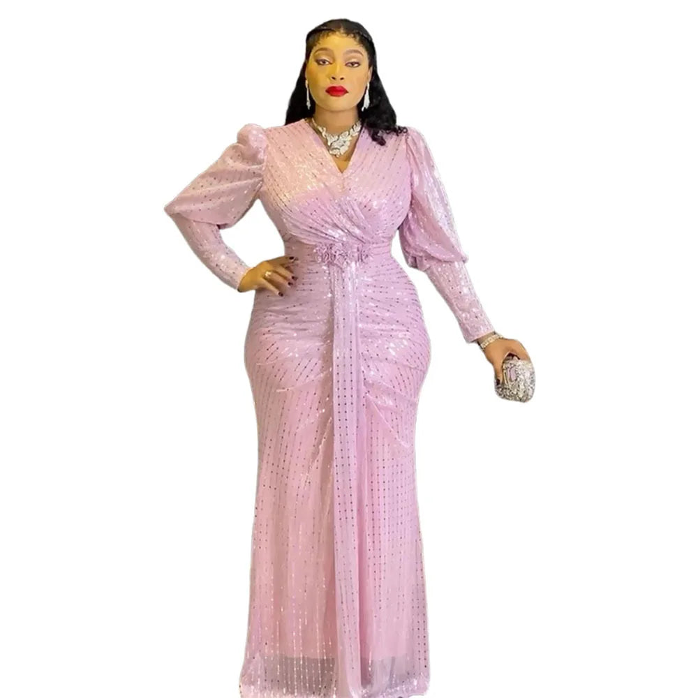 Amay Party Dresses for Woman Clothing Plus Size Dashiki Sequin Pink Robe Elegant Turkey Muslim Wedding Evening Gown
