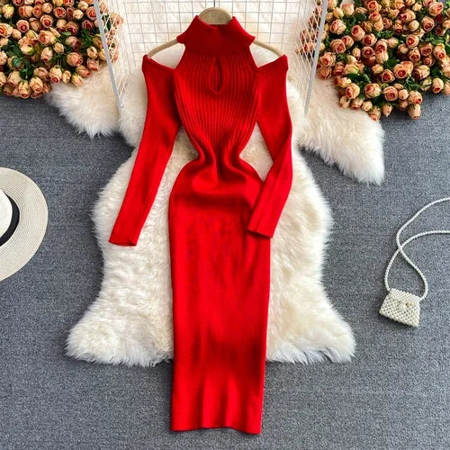 Amay Gagarich Woman Chic Knitting Dresses Autumn New Ins Stand-up Collar Tight-fitting Hollow Out Hip Strapless Stretch Vestidos