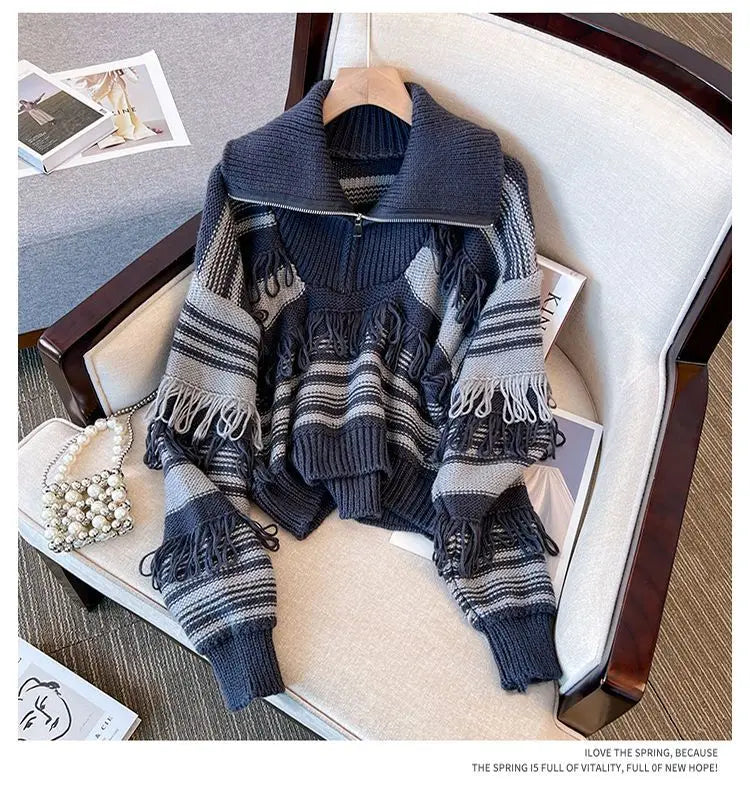 Mercygrace Collar Striped Sweater for Women 2024 Autumn/Winter New Style Large Size Slim and Stylish Tassel Short Knitted Sweater