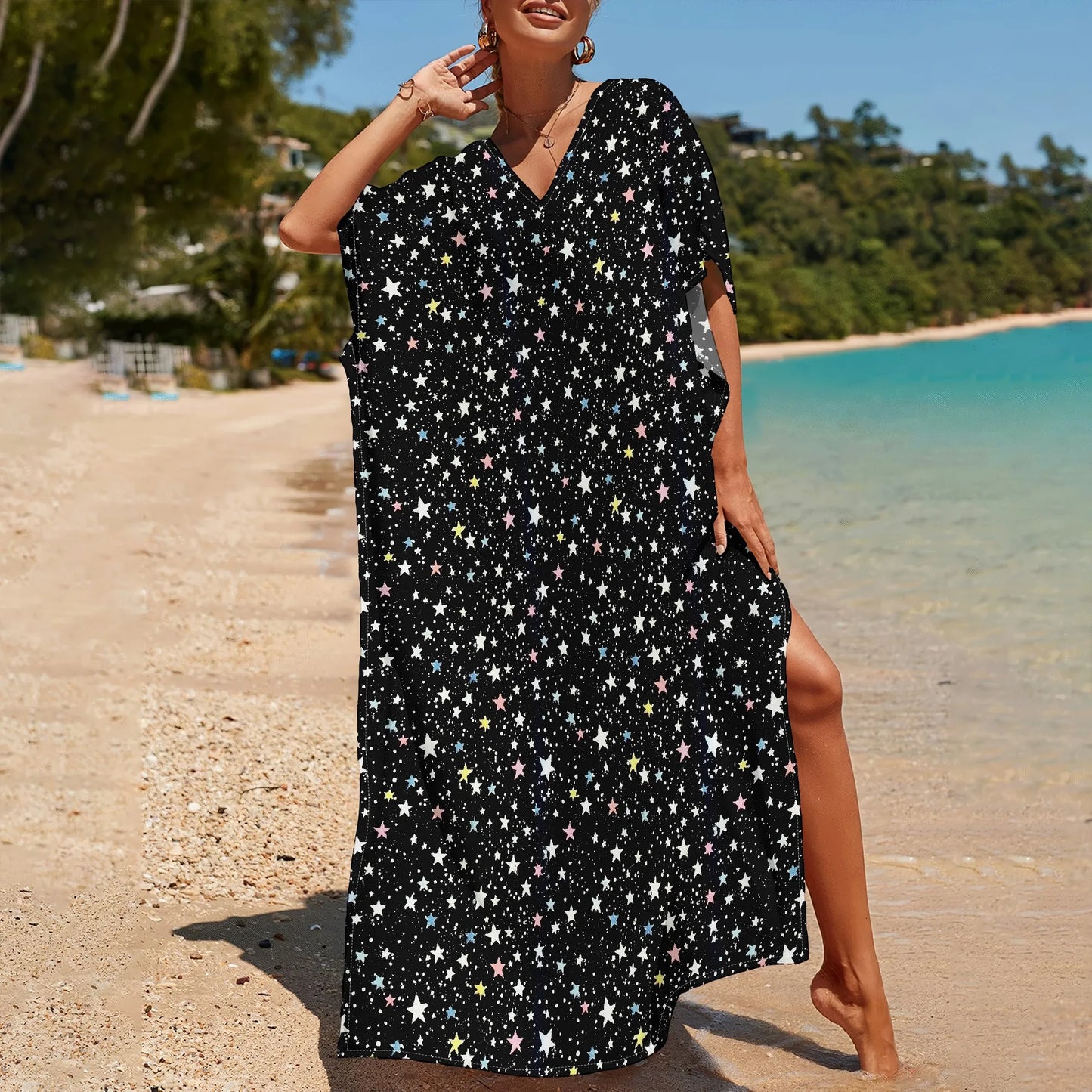 Maxy Starry Night Print Kaftan Maxy Dress V-Neck Loose Fit S-3XL – Fun Holiday Party or New Year’s Eve Celebration Look