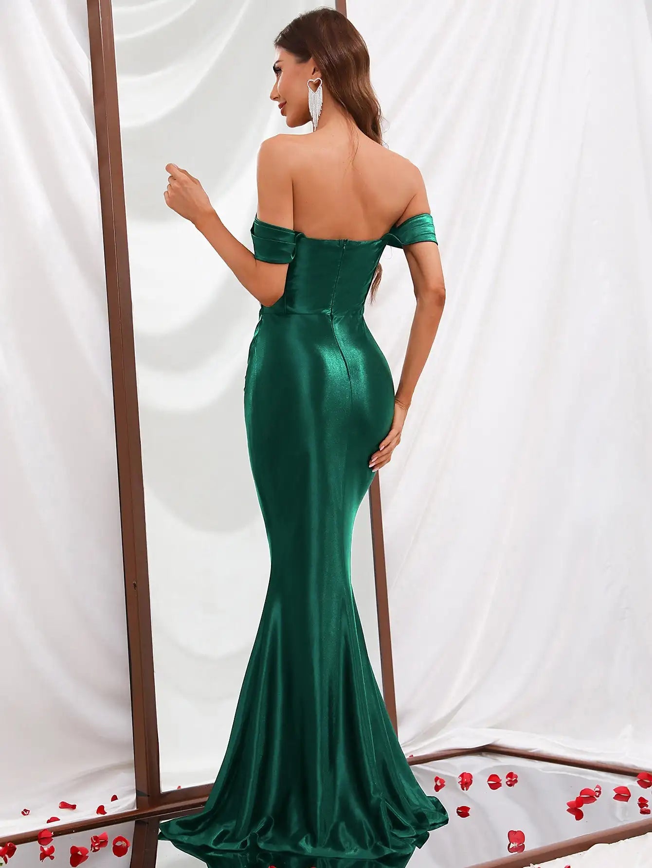 Amay Elegant Pleated Off Shoulder Satin Mermaid Party Dress & Evening Dress