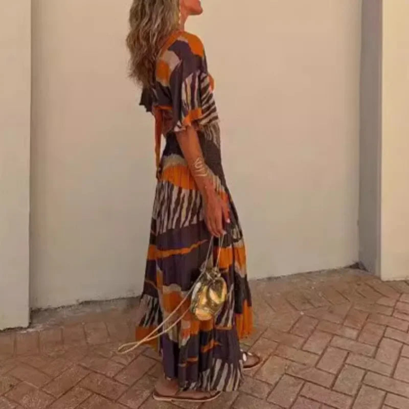 Maxy Boho Dress Women's Sexy Deep V-belt Top Set Skirt Pleated Slit Casual Beach Skirt Temperament Commuting Summer