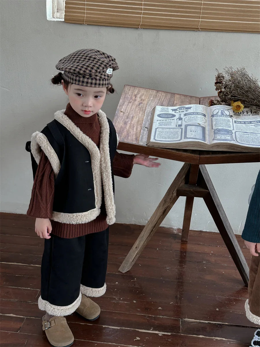 Maxy Children Suits Winter New Lamb Hair Vest Coat Baby Boys Girls Plus Fleece Straight Pants Two-piece Set Korean Simple Style
