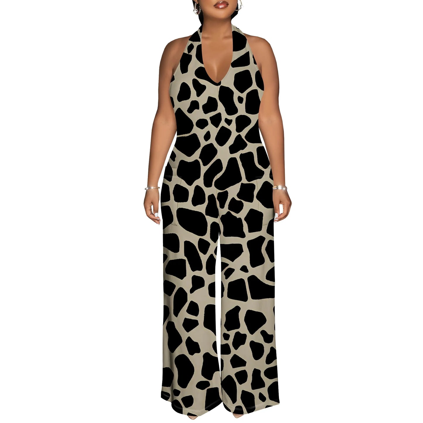 Maxy Bold Abstract Brushstroke Halter V-Neck Maxy Dress - Women's Modern Artsy Party Resortwear Evening Beachwear