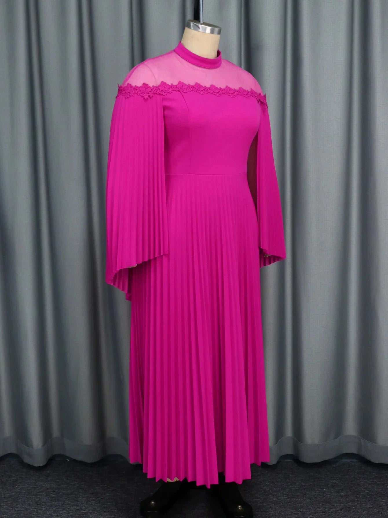 Pleated Dresses for Women Half High Collar Long Cloak Sleeves Mesh Patchwork Fashion Streetwear Elegant Evening Party Maxi Gowns