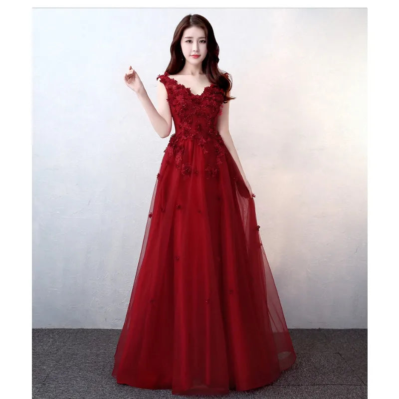 Maxy New Women's Sexy V-neck Embroidered Bridal Wine Red Toast Evening Dress Fashionable Slimming Banquet Slimming Long Dress