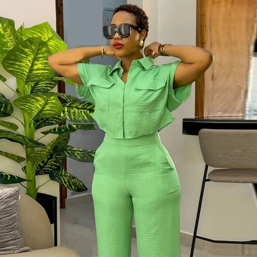 Maxy Fashion Vintage Women's Set Short Sleeve Shirt and Wide Leg Pants Spring Street Two 2 Piece Sets Outfit Tracksuit