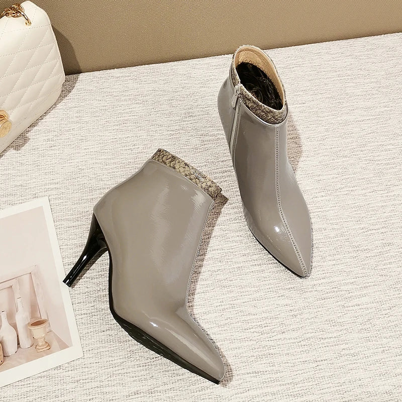 Winter Brand New Glossy Black Gray Women Ankle Dress Boots High Heels Lady Nude Shoes EA114 Plus Big Small Size 10 30 43 48