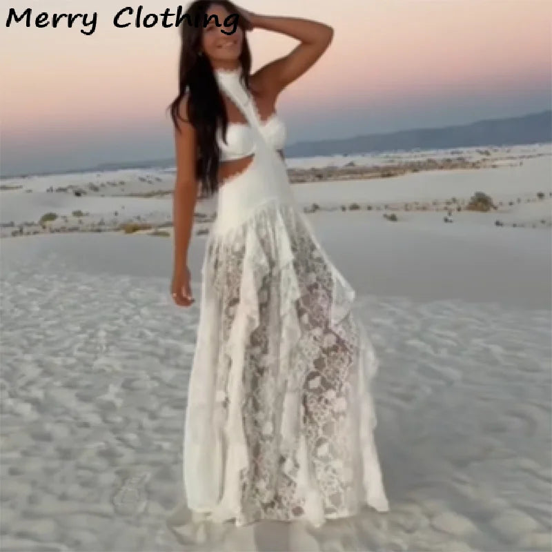 Maxy Sexy Lace Patchwork Dress Women Hollow Out Sleeveless Party Club Long Skirt See Through Halter Evening Gown Vacation Lady Robes