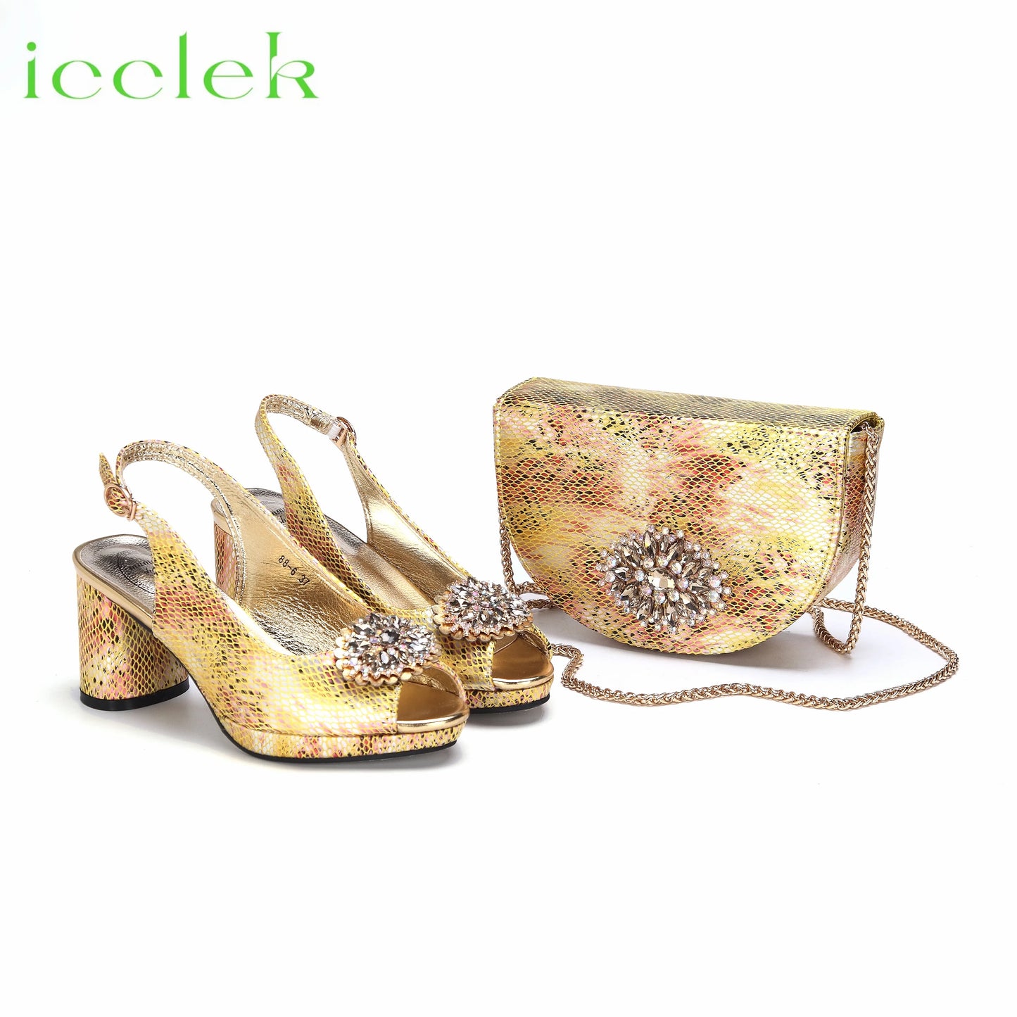 Babs High Quality Peep Toe Snake Pattern Special Design Ladies Party Shoes Matching Bag Set in Green Color