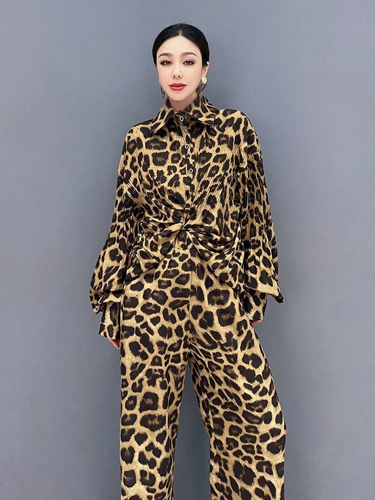 Babs SHENGPALAE 2 Pieces Sets Fashion Leopard Print Lapel Single Breasted Shirt Casual Straight Trousers Spring New Tide 5R5164