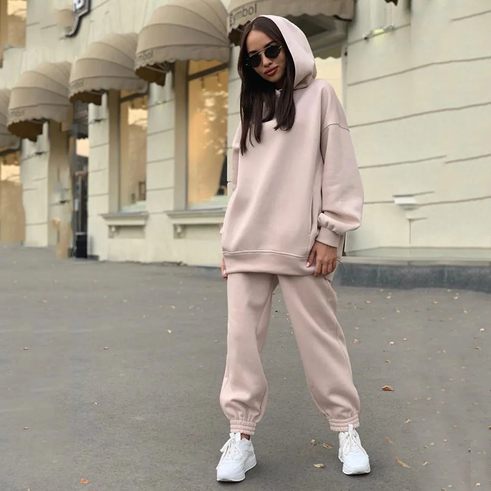 Maxy 2 Piece Sets Women Outfits Solid Color Simple Style Commuting Tracksuit Autumn Winter Warm Hoodies Top Suits Casual Sweatshirts