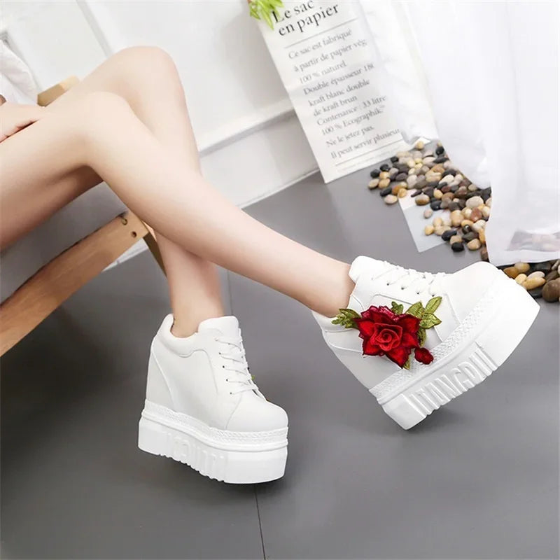 Maxy Embroidered Flowers Canvas Sneakers Autumn Women High Wedge Sneaker Fashion White/black/red Platform Woman's Sports Casual Shoes