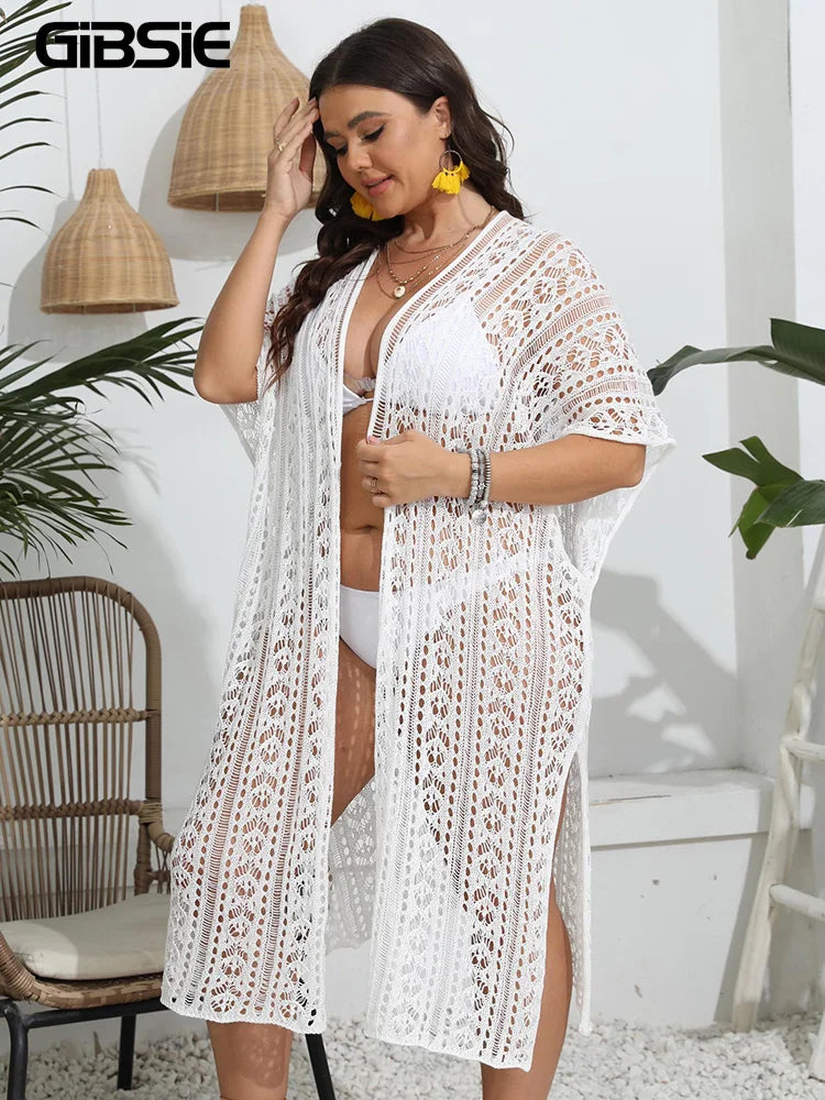 Macy White Kimono Bikini Cover Up for Women Holiday See Through Hollow Out Knitted Split Long Beach Cover-ups