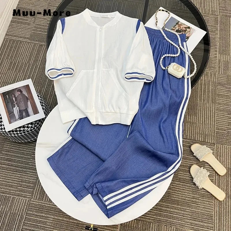 Maxy Summer Sporty Style Two-piece Set Women Short Sleeve Zipper Patchwork Top+Elastic Waist Striped Trousers Casual Pants Suits