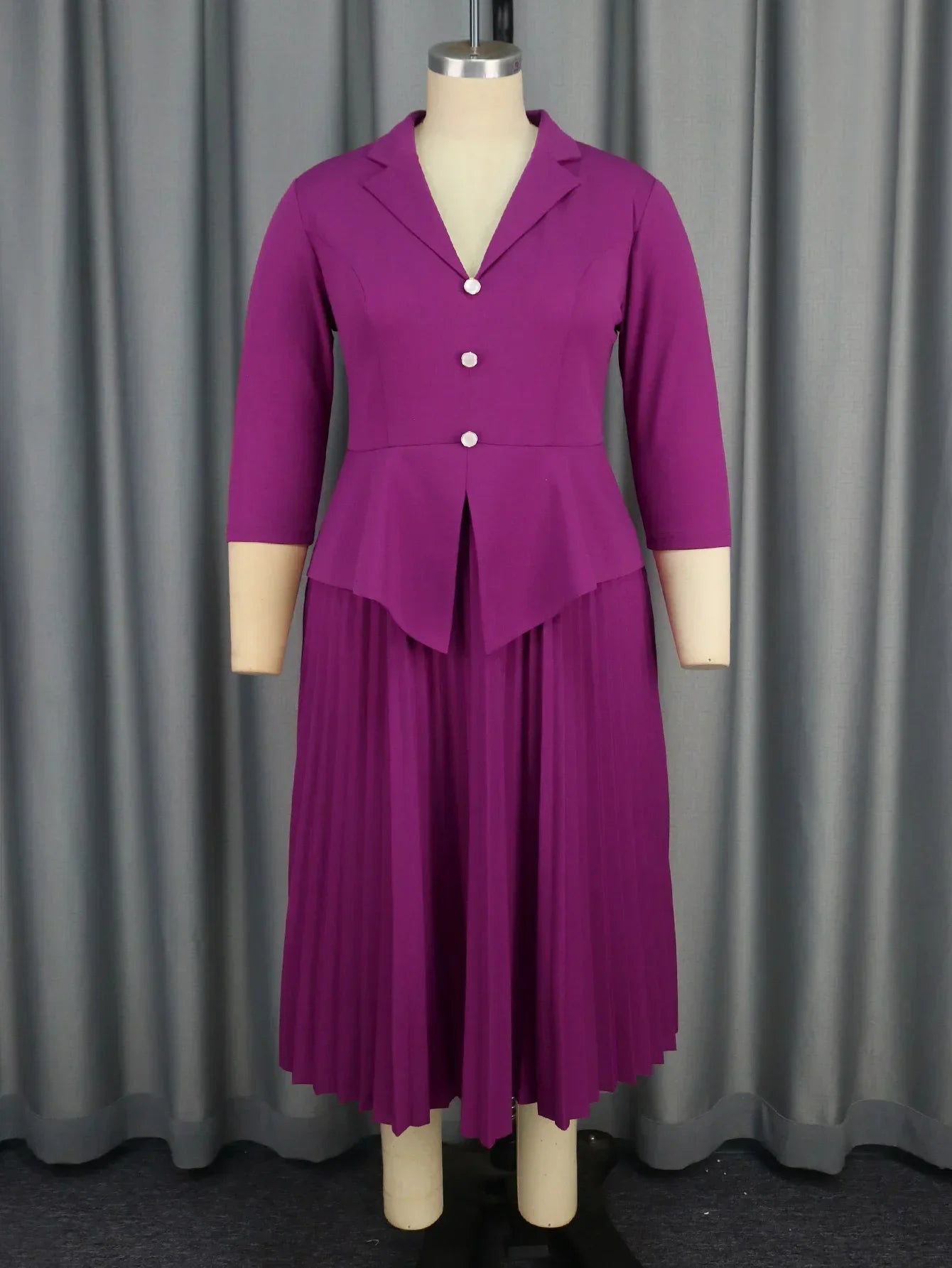 Maxy Classic Women Formal Office Work Pleated Dress Lapel 3/4 Sleeve Button Up High Waist Elegant A-Line Work Daily Clothing New