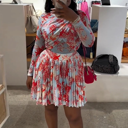 Maxy New African Fashion Women Dress set Leaf Print Long Sleeve O-neck Wrap Front Pleated Dress Vacation Party Birthday Dresses