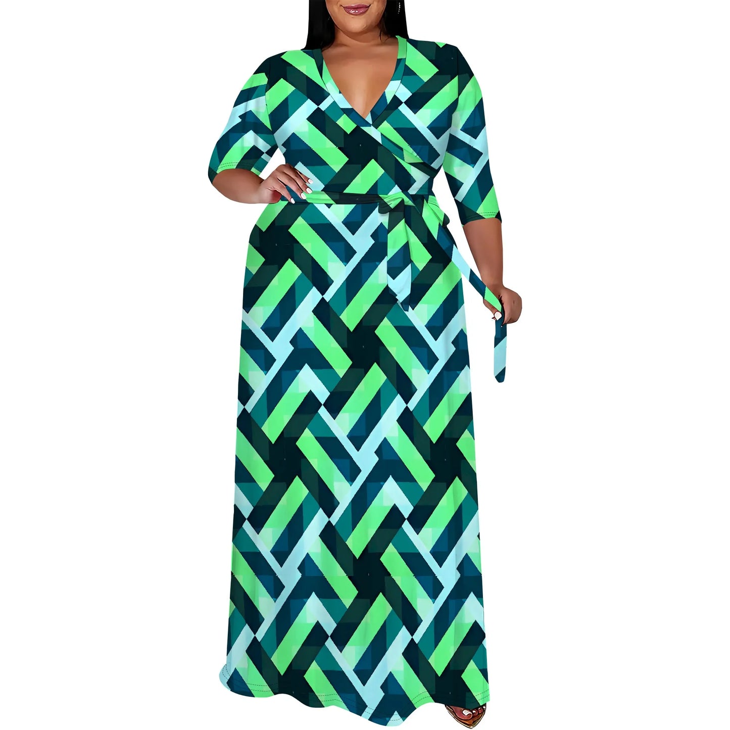 Amay Plus Size Boho Wrap Maxy Dress Orange Blue Geometric Print V Neck Half Sleeve Casual Look
