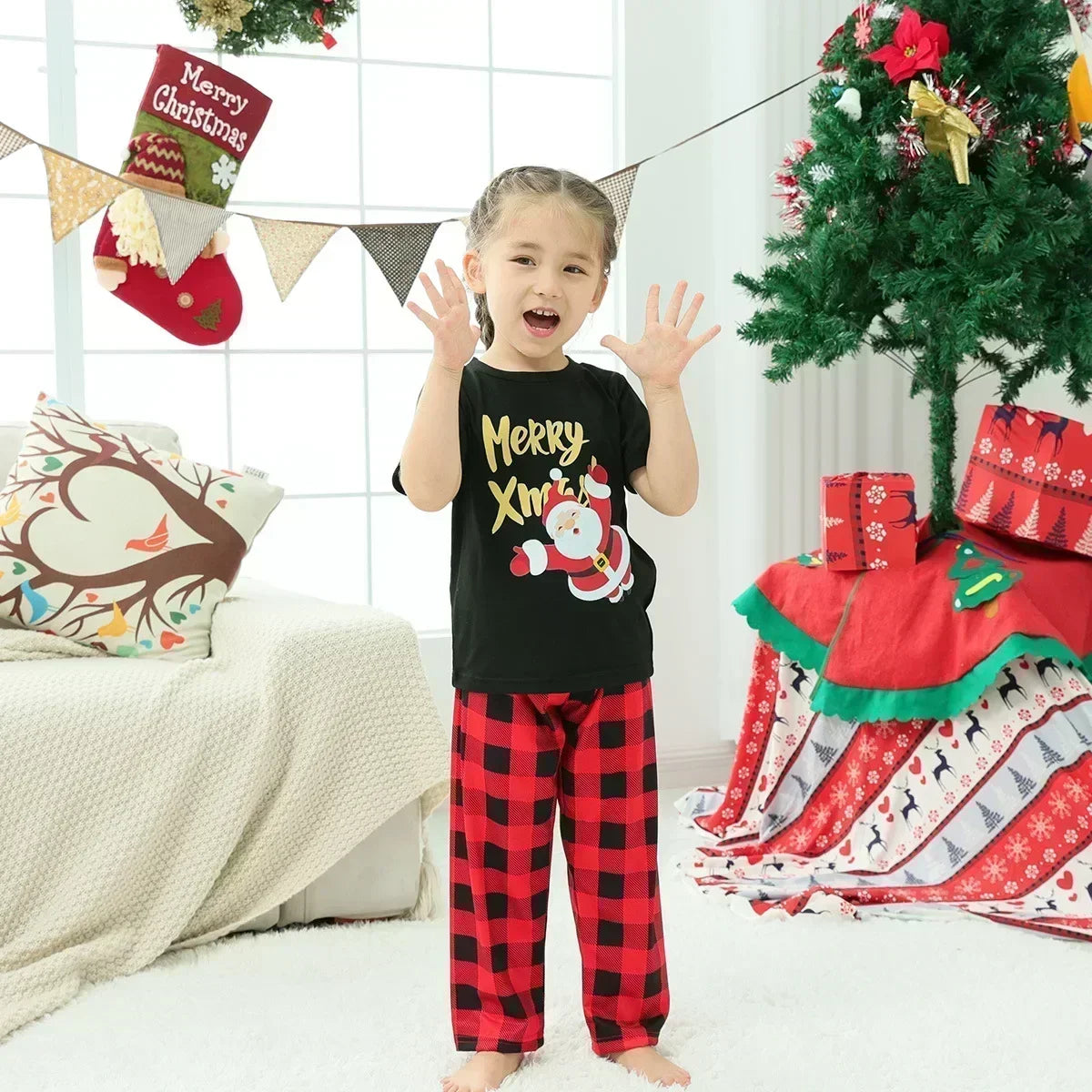 Merry Xmas Print Plaid Family Matching Pajamas Short Sleeve Tops+Long Pants 2 Pieces Suit Christmas Clothing Set Baby&amp