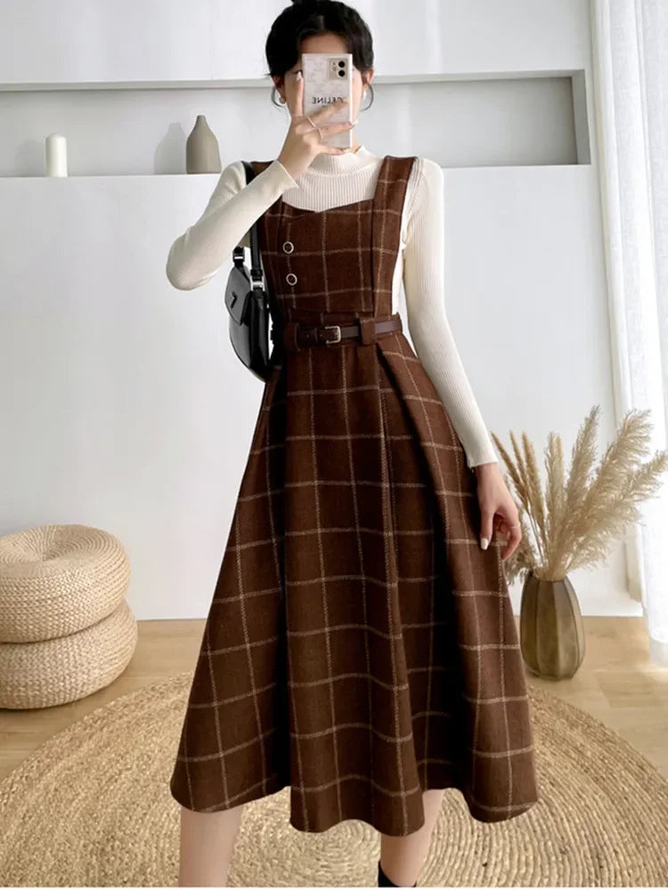 Maxy High Quality Fall Winter Women Sweater Overalls Dress Sets Casual Knitted Tops +Plaid Woolen Dress 2 Piece Sets Outfits Female