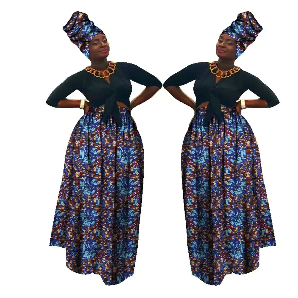 Dashiki African High Waist Ball Grown Skirt Bazin Riche African Skirt and African Headscarf 2 Pieces Lady Maxi Long Skirt WY1270