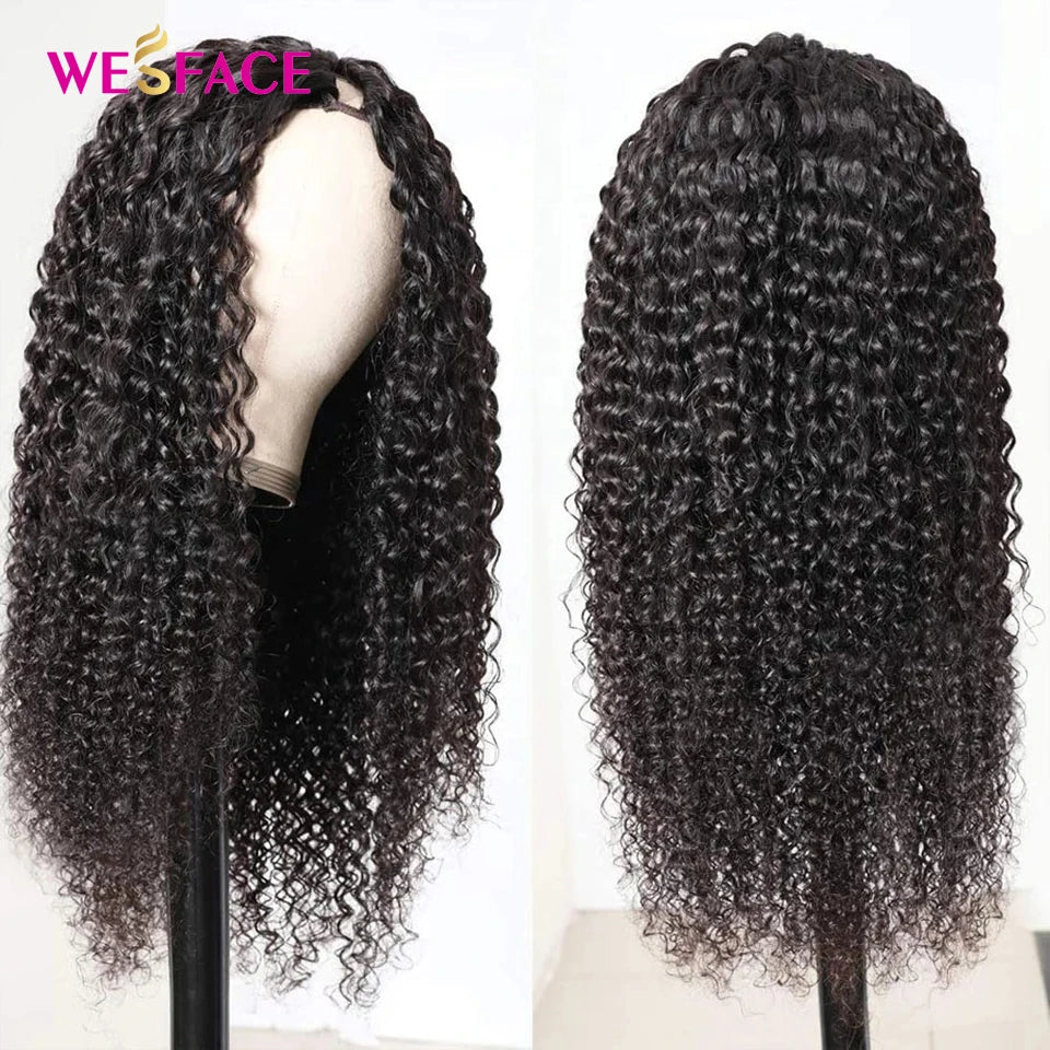 Amay Water Wave Curly V Part Wigs Natural Black Wear To Go Glueless Human Hair Wigs Upgrade V Part Wig Curly Human Hair 180% Density