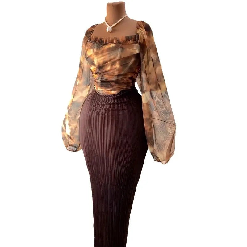 Maxy Two Piece Sets Women Skirt Set Dress Sets Sexy Square Collar Lantern Sleeve Elegant Bodycon Party Night Top Long Skirts