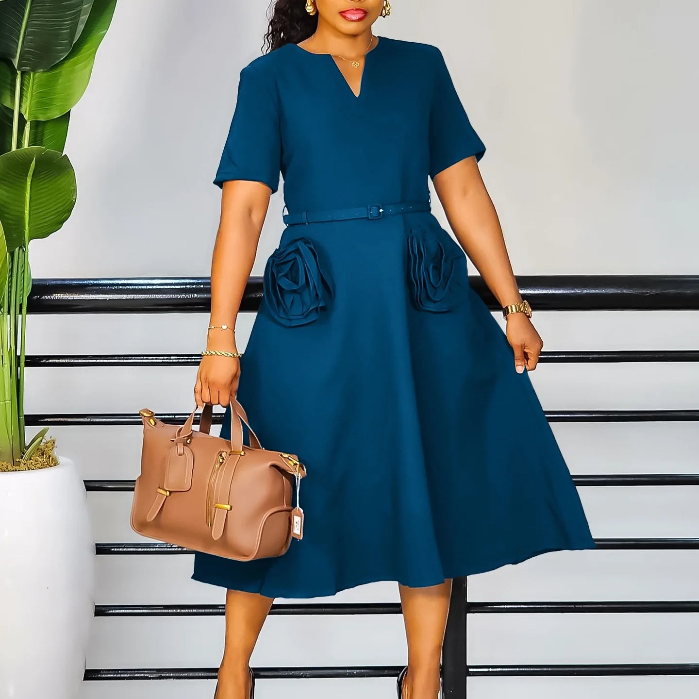 Maxy Elegant Dresses Woman Luxury V Neck Short Sleeve Solid A Line Mid Calf African Wedding Party Birthday Wear Dress Midi Robes
