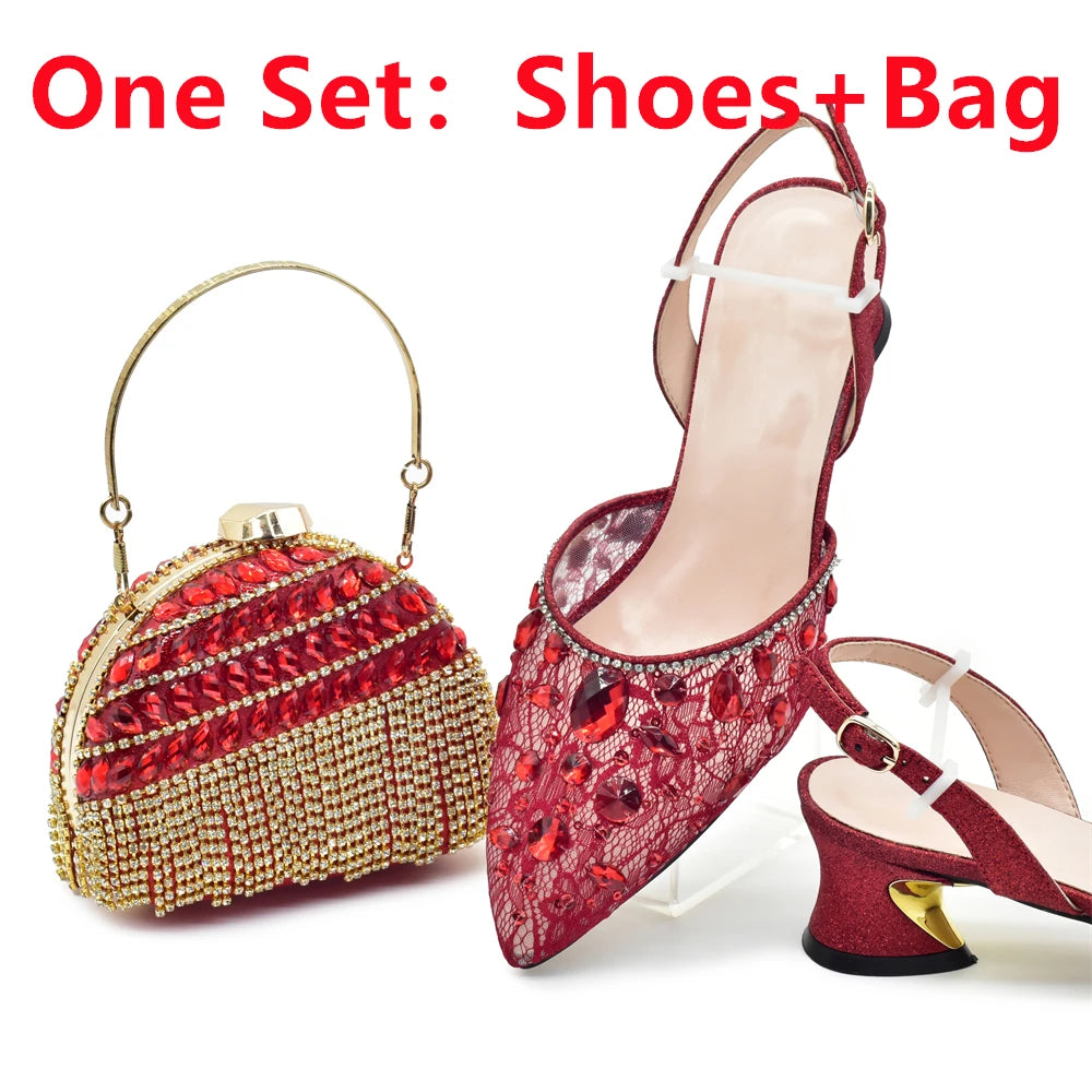 Maxy Red Color Classics Design Women Shoes and Bag Set High Quality with Shinning Crystal for Women Wedding Party