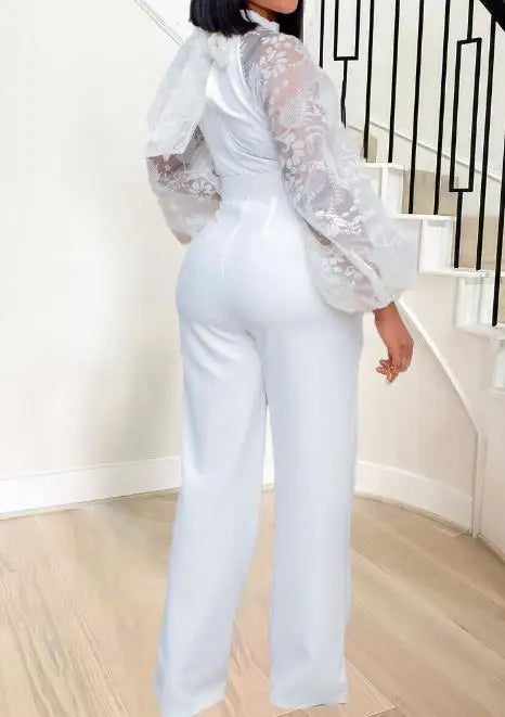 Amay Jumpsuit Women Summer Fashion Lantern Sleeves Elegant Mock Neck Long Sleeve Tie Detail Daily Wide Leg Long Jumpsuit