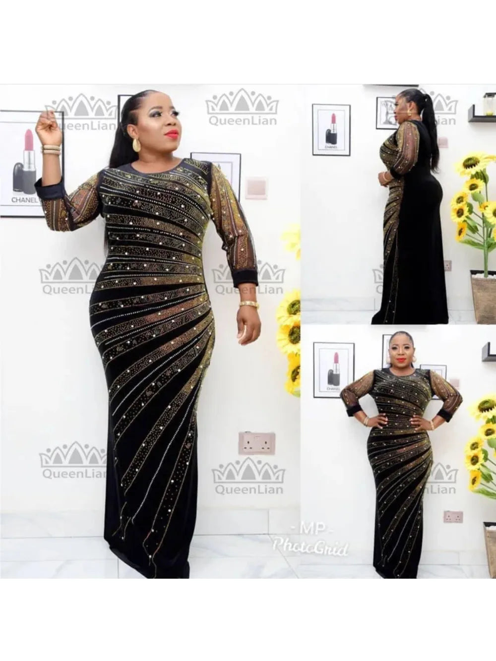 Amay sign Velvet Pearl Diamond Long Tight Dress Big Elastic Material  For Lady