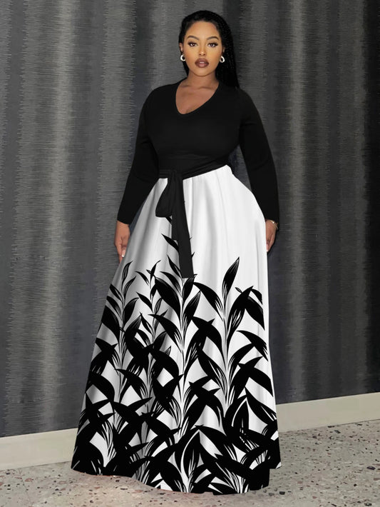 Maxy LW Plus Size Dresses Floral Print Belt Design Dress long sleeve V neck color contrast maxy dress Elegant party evening dress