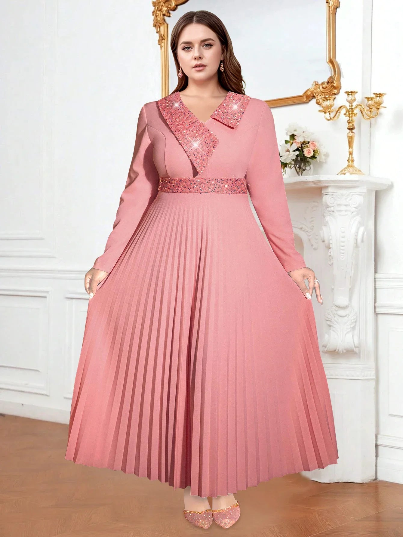 Amay Women Maxy Pleated Party Dress Sequined Irregularity Neck Long Sleeve High Waist Elegant Church Event  Gowns Plus Size New