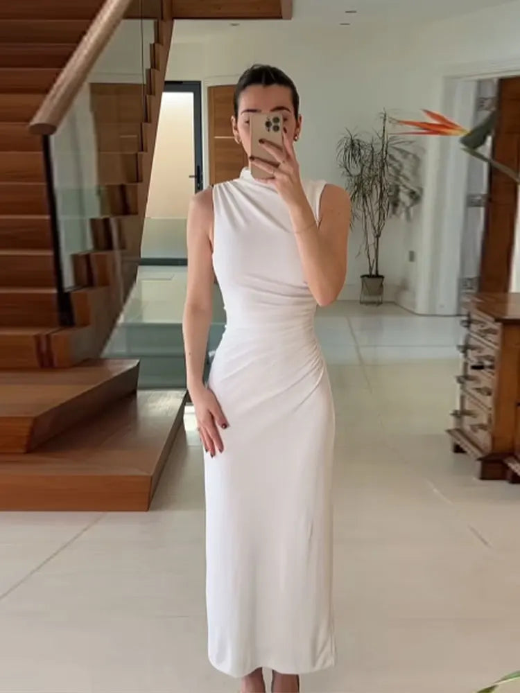 Amay Women Elegant Brown Irregular Collar High Waist Long Dress Fashion Sleeveless Retract Waist A-line Dresses Lady New Party Robe